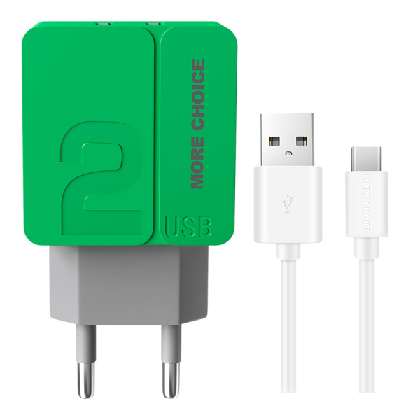 Купить  СЗУ СЗУ 2USB 2.4A для Type-C More choice NC46a 1м (Green)